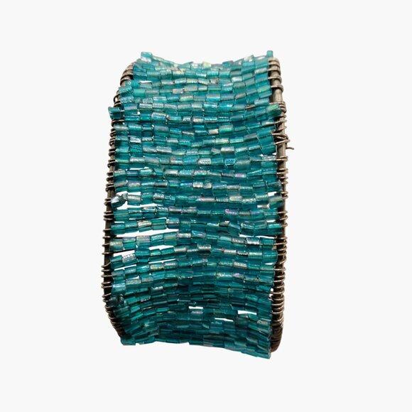 Beaded Cuff Bracelet Handcrafted Wire Wrapped Turquoise Adjustable Open Boho - Picture 2 of 6